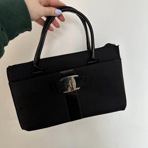 Salvatore Ferragamo Vintage Top Handle Hand Bag Bow Canvas Black